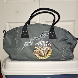 NWOT Medium Ed Hardy Gray Canvas Duffel Bag with Iconic Bulldog Design